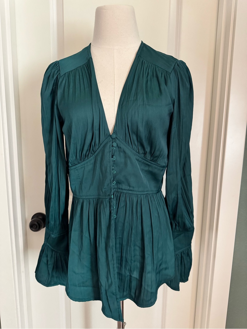 Anthropologie Deep Teal V-Neck Peplum Blouse